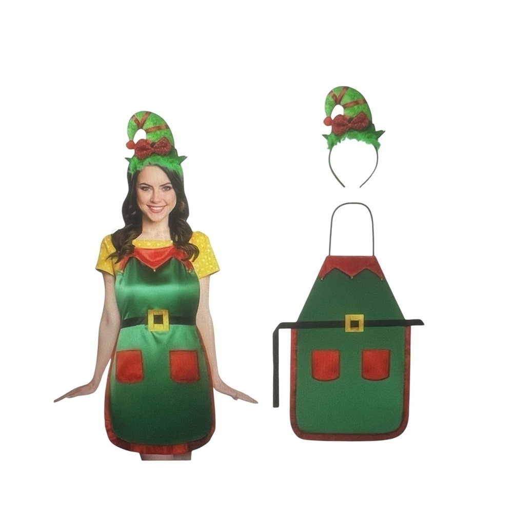 Christmas Elf Apron & Headband Costume - Santa Elf Headband & Xmas Apron Cosplay - Picture 6 of 8